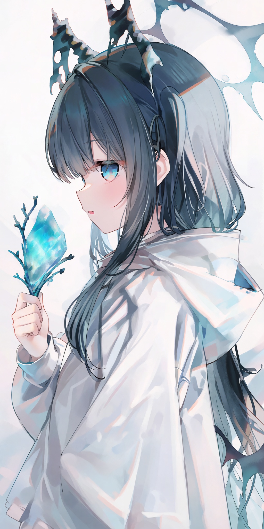 A single young female anime-style human subject shown from the chest up in profile,  facing left. She has long dark hair w...