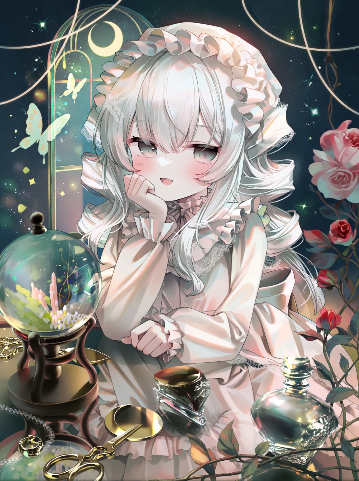 A single young female anime-style human subject with long,  flowing pale silver-white hair styled in loose,  wavy ringlets...