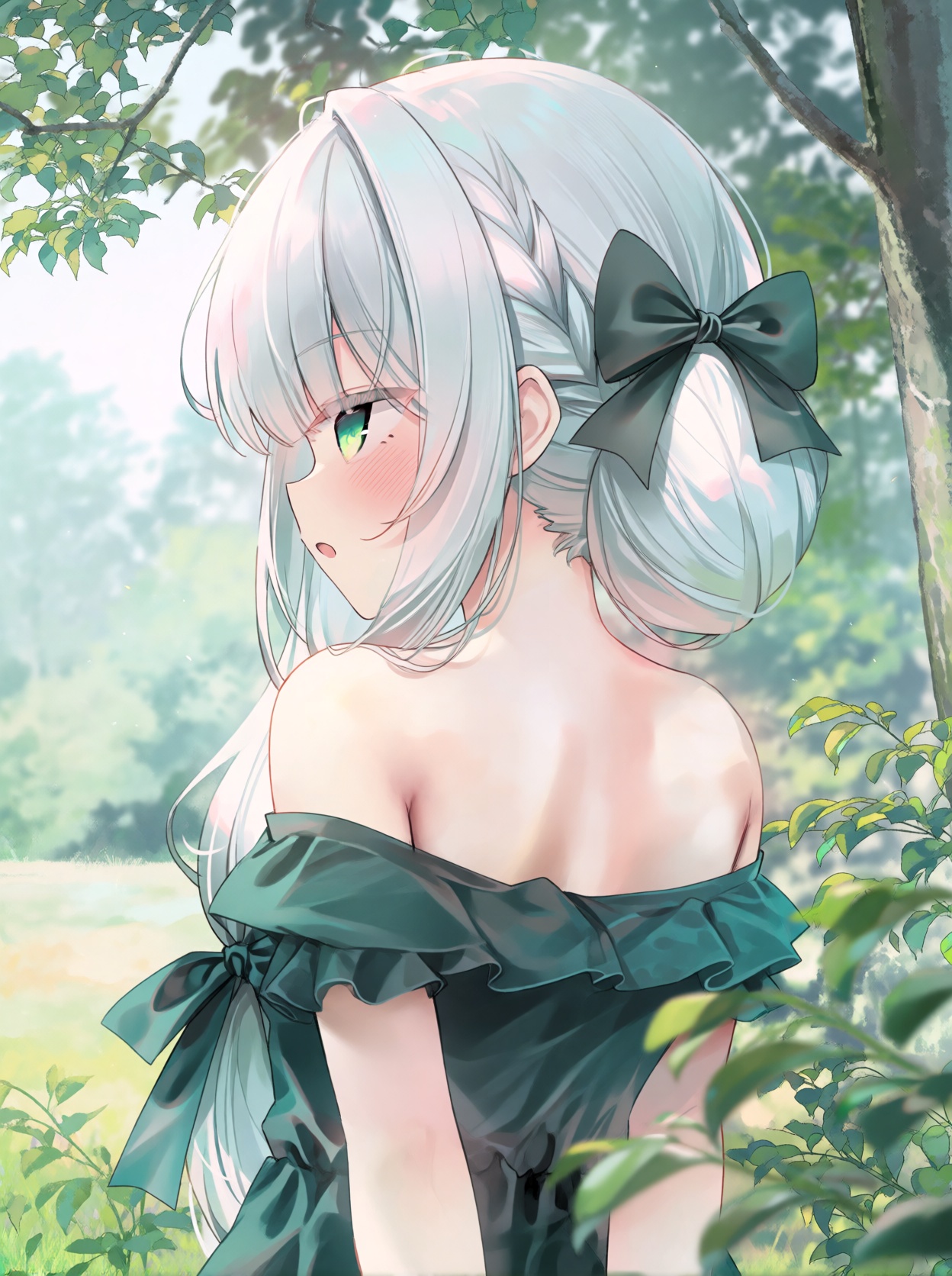 A single young ***** female anime-style human subject standing outdoors,  viewed from behind in a side profile,  looking o...