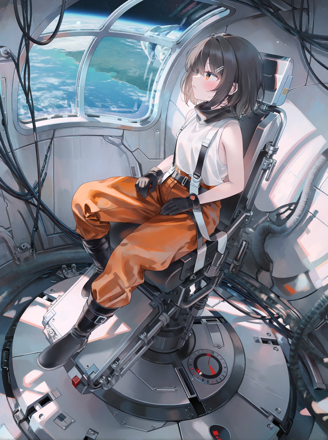 A single young female anime-style human subject sitting inside a futuristic spacecraft or space station module,  viewed fr...
