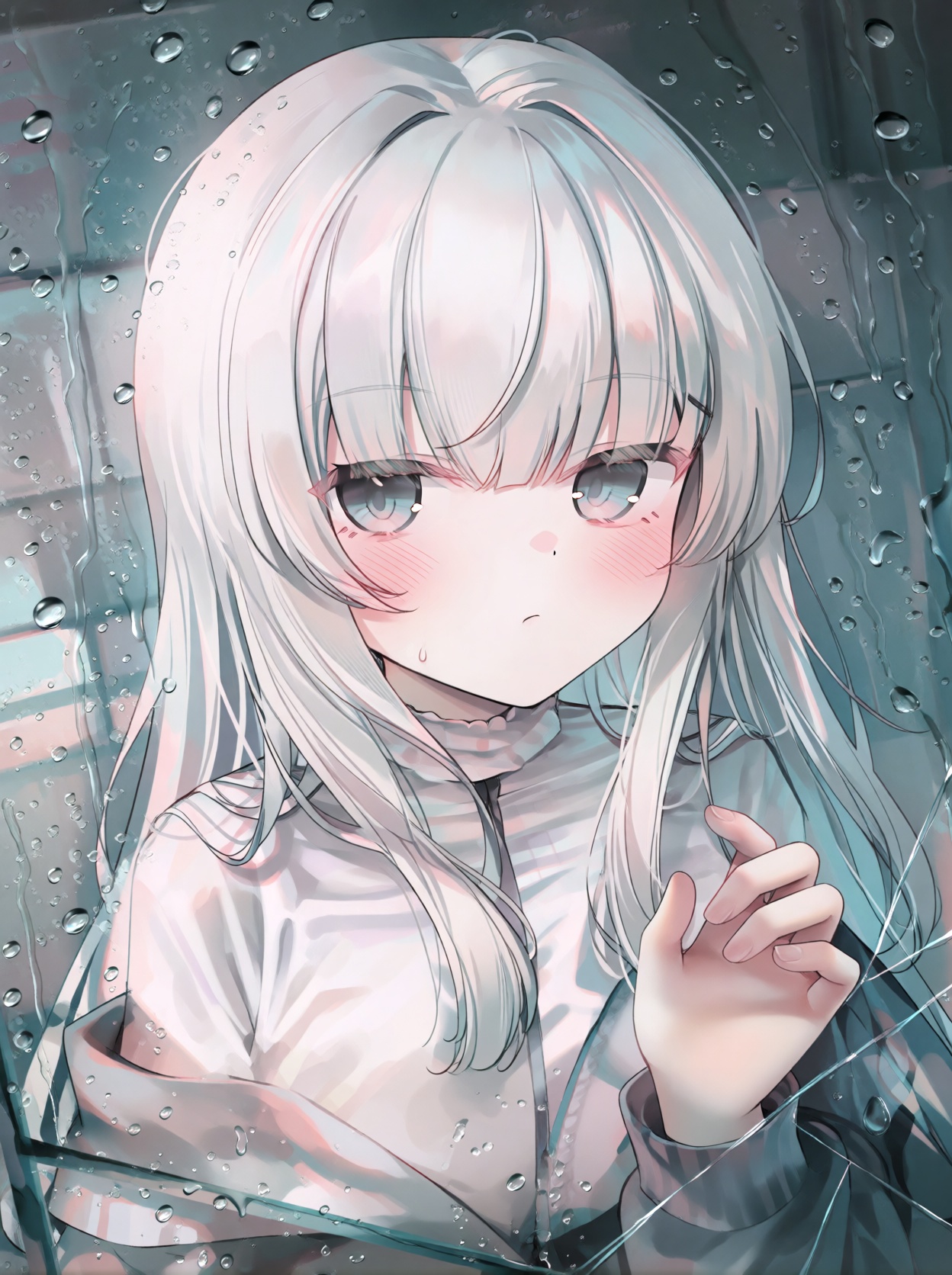 A single young female anime-style human subject seen from the chest up,  standing behind a layer of glass covered in raind...