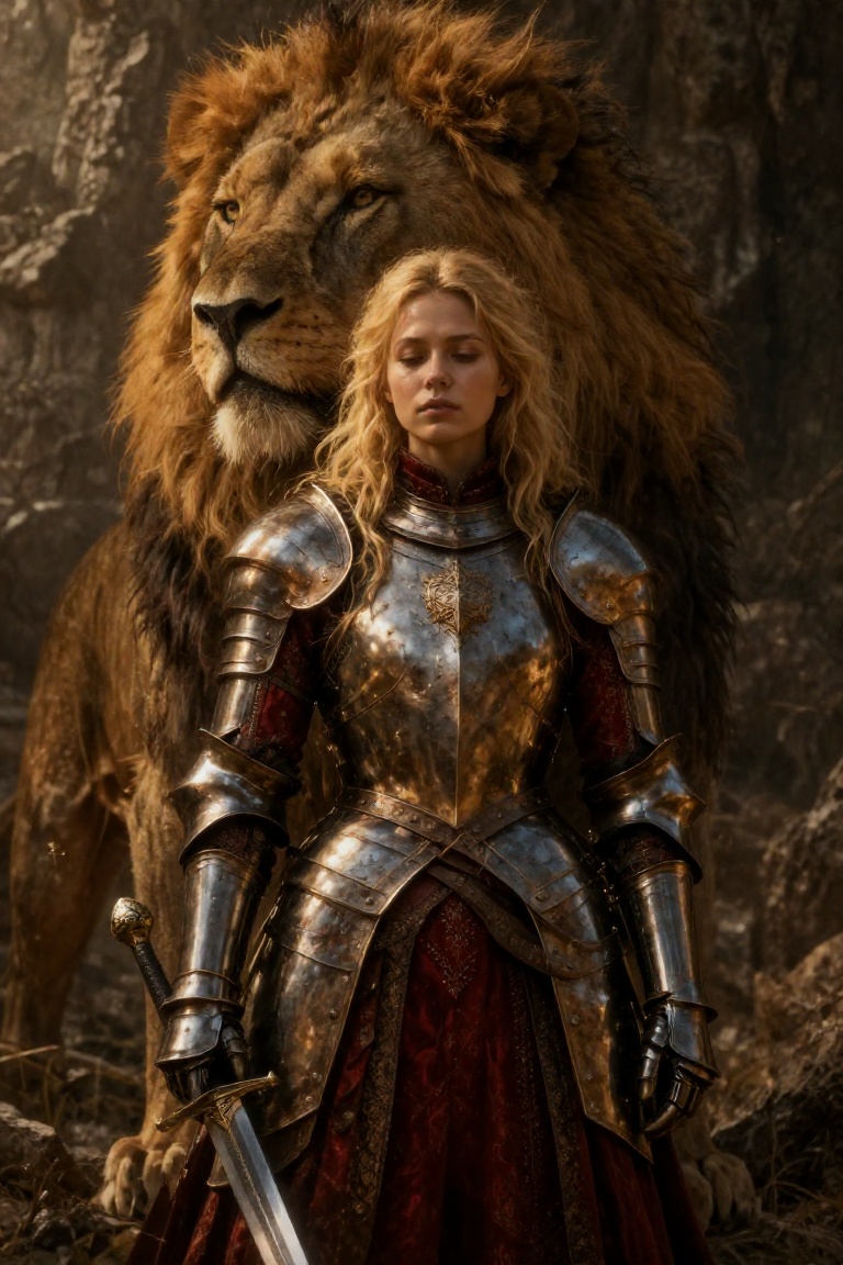 A medium portrait of a serene young female knight with downcast eyes,  standing directly in front of a colossal male lion...