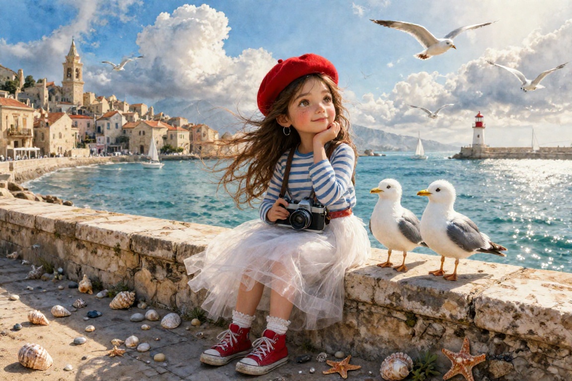 A charming storybook illustration of a whimsical young girl sitting on a weathered stone seawall in a picturesque Mediterr...