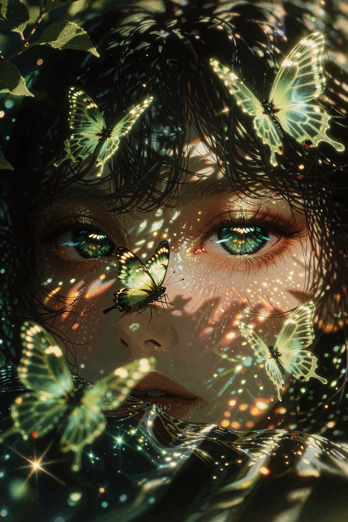 An enchanting,  extreme close-up portrait of a young woman with breathtaking emerald-green eyes peeking out from behind so...