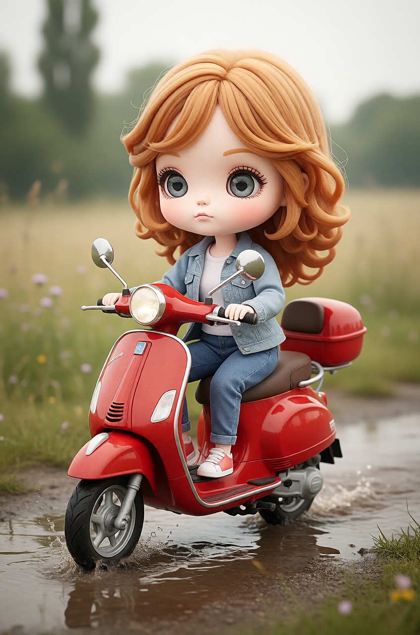 Chibi woman riding a red scooter through the puddle. screaming face. on Tensor.Art