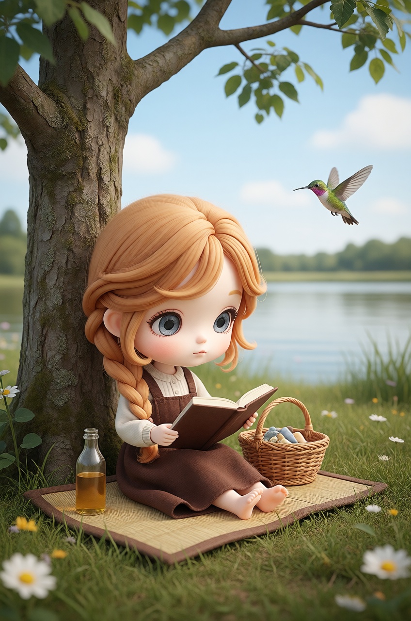 a chibi woman,  braided hair,  sits under the tree on Tensor.Art