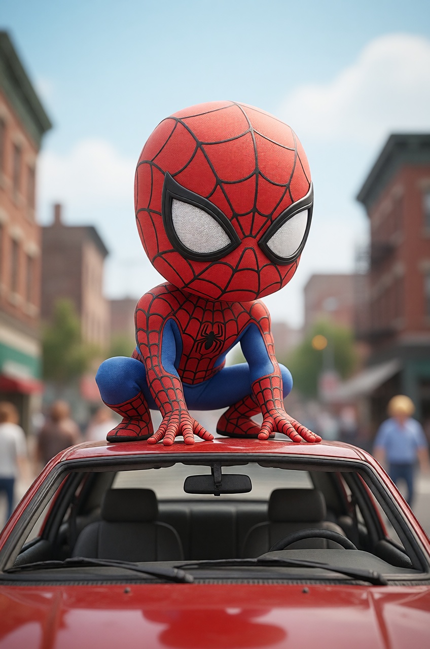 chibi spiderman on the car roof,  chibi world on Tensor.Art