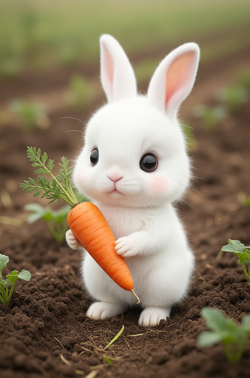 white fluffy chibi bunny,  carrot,  farm on Tensor.Art