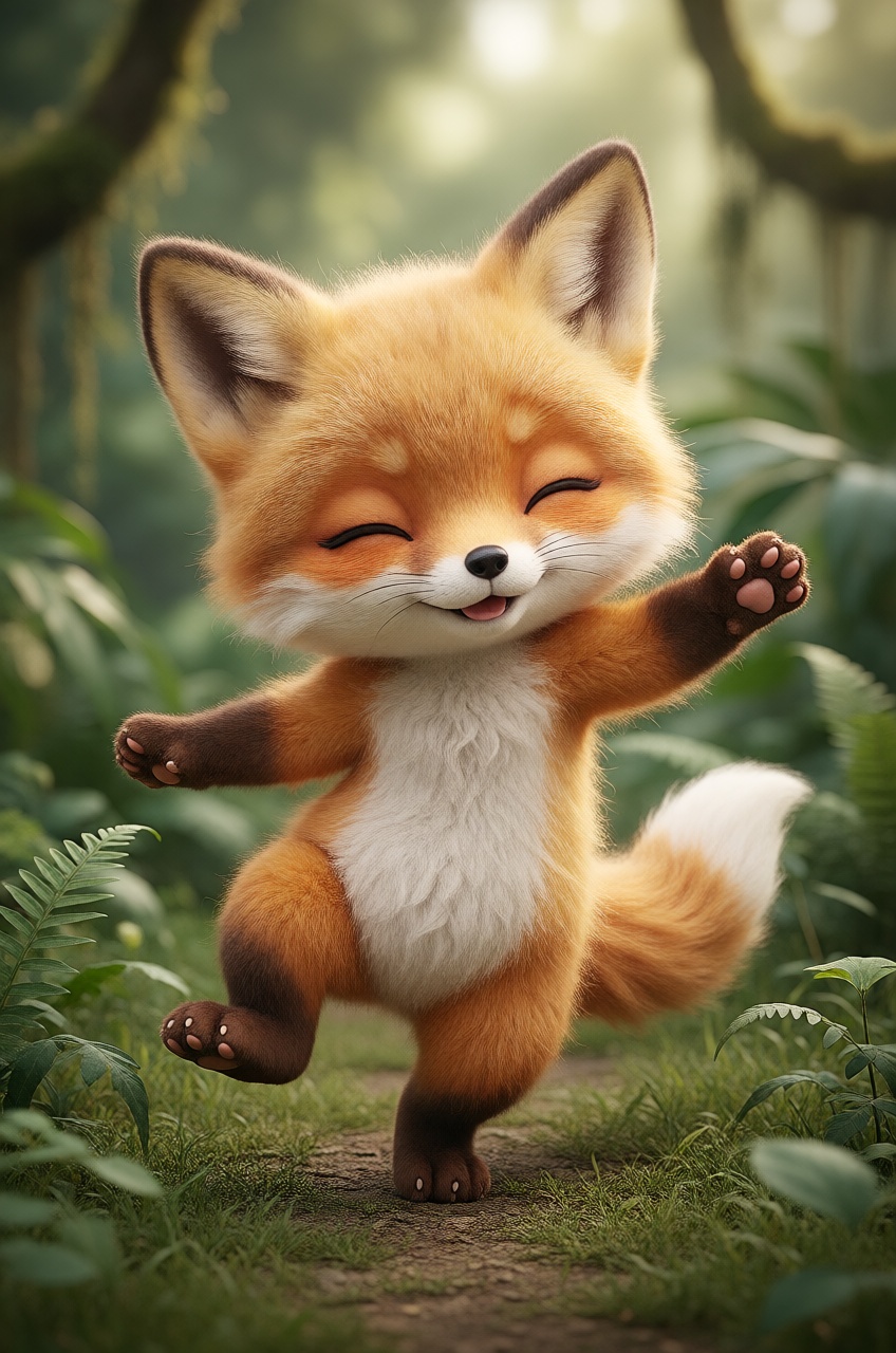 fluffy chibi fox,  dancing,  jungle on Tensor.Art
