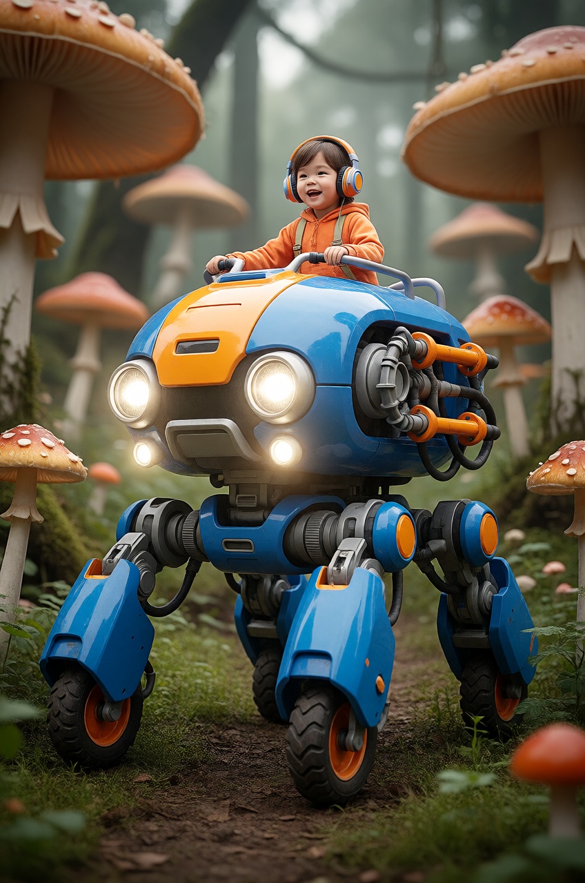side view of a large futuristic robot standing in the middle of a dense forest of giant mushrooms. The robot has a solid a...