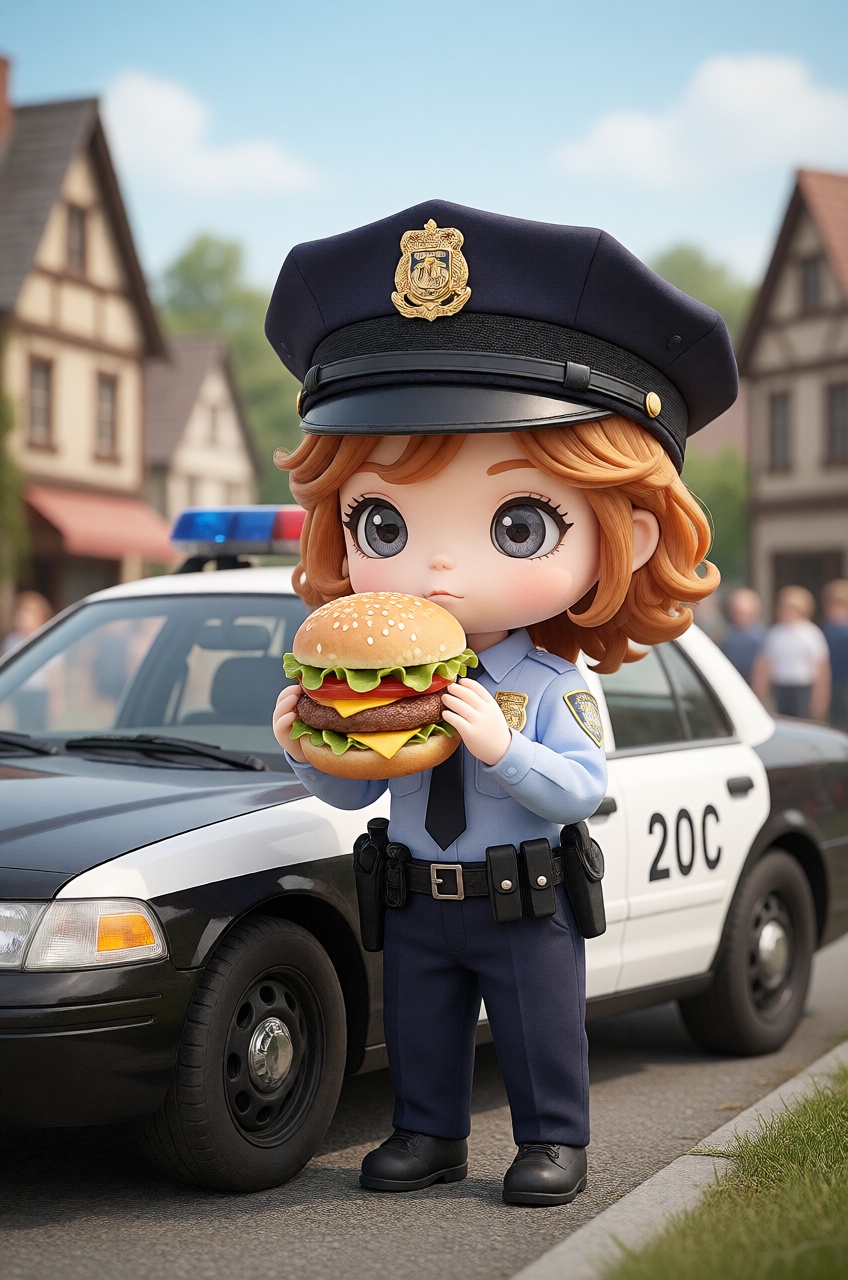 chibi policeman eating burger near police car,  town on Tensor.Art