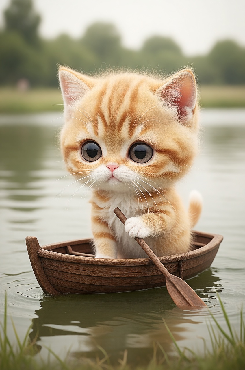 fluffy chibi kitten ,  boat,  lake on Tensor.Art