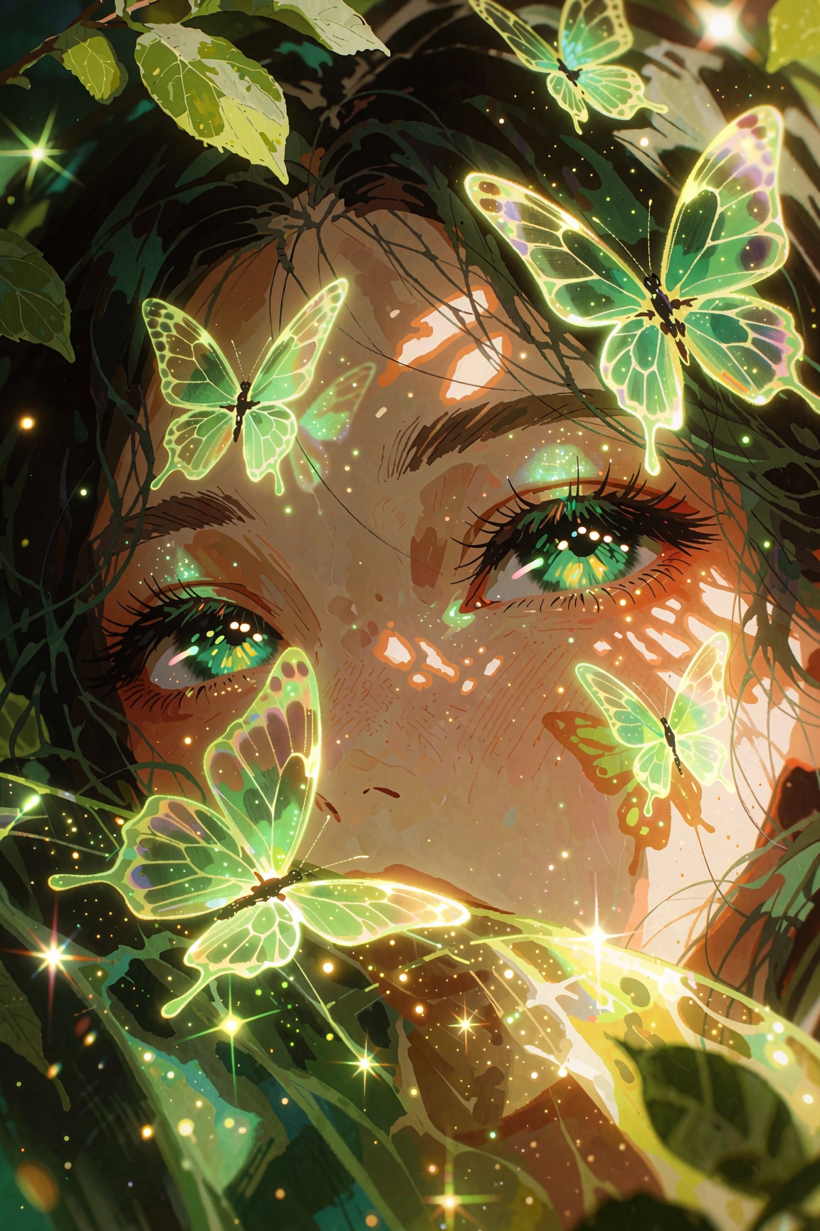 An enchanting,  extreme close-up portrait of a young woman with breathtaking emerald-green eyes peeking out from behind so...