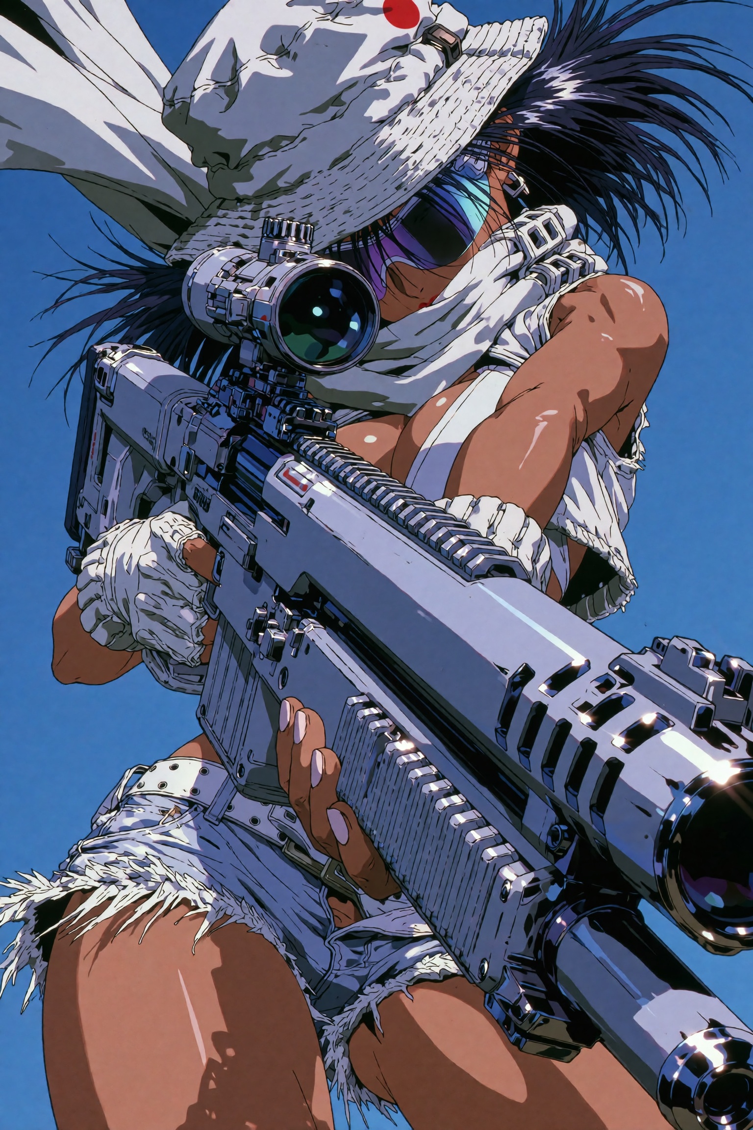 A tanned anime woman in a white tactical bucket hat with a red dot emblem aims a massive futuristic white sniper rifle dir...