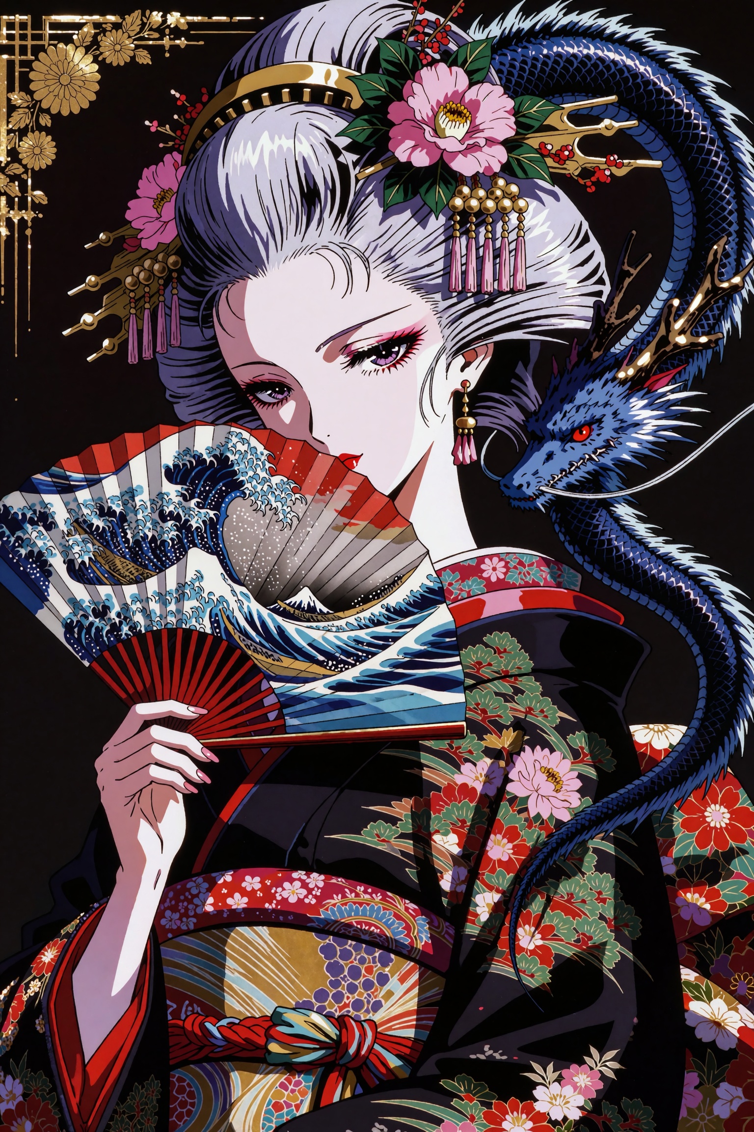 A stunning anime portrait of an ethereal Japanese noblewoman in ornate traditional attire,  her face partially hidden behi...