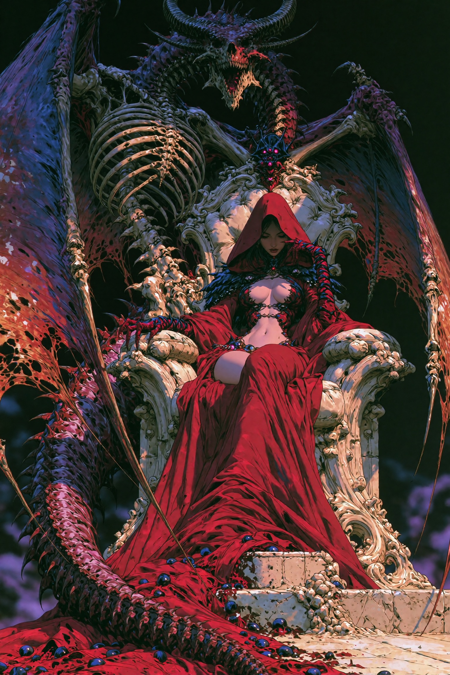 A regal woman in a flowing crimson hooded gown sits upon an ornate baroque stone throne,  her eyes lowered in serene autho...