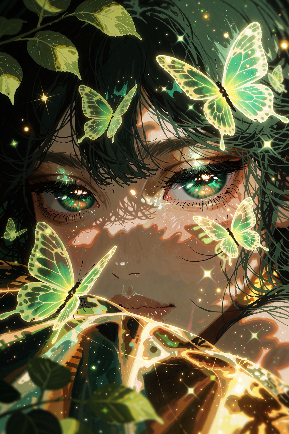 An enchanting,  extreme close-up portrait of a young woman with breathtaking emerald-green eyes peeking out from behind so...