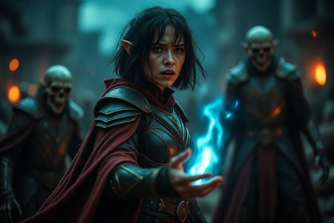 **Cinematic close-up shot of a young heroic elf woman captured in a moment of raw desperation. She has messy,  medium-shor...