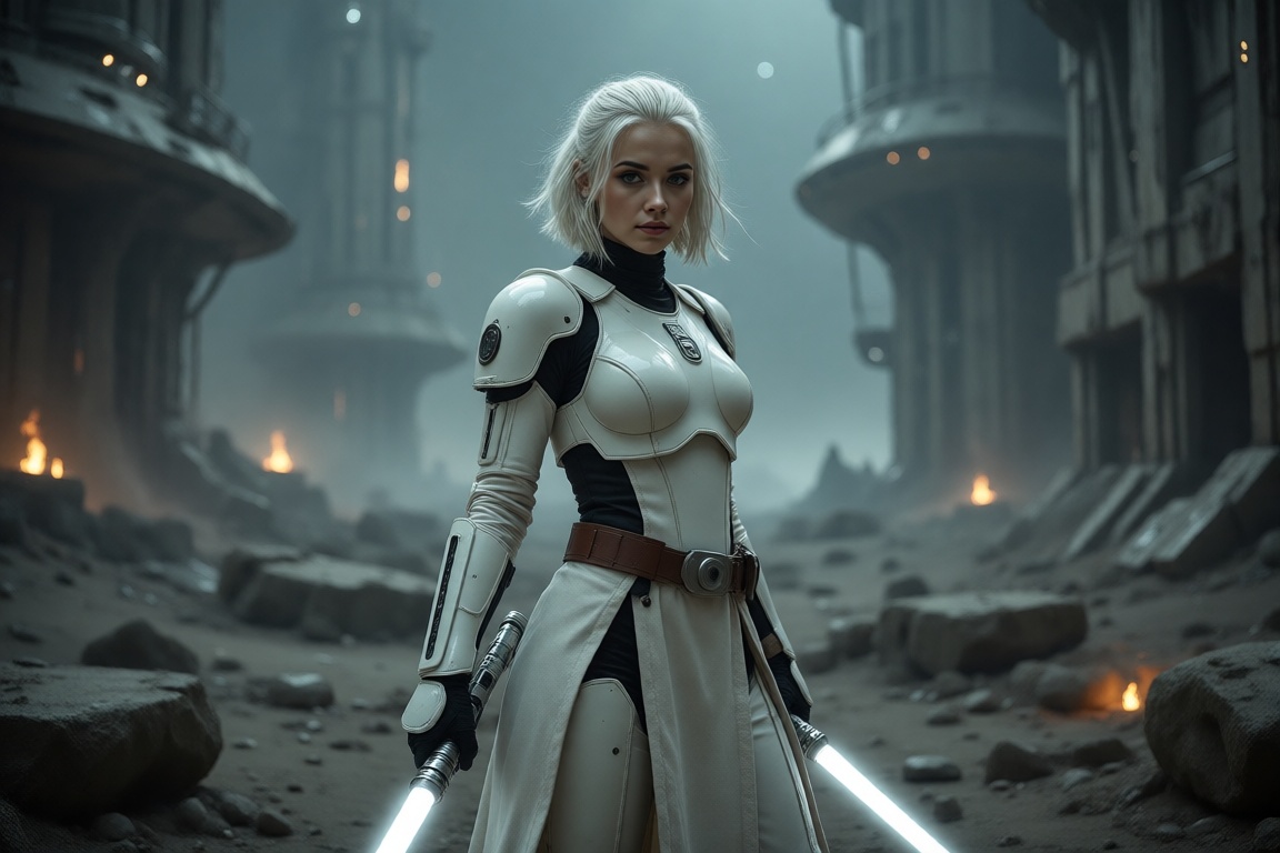 A cinematic shot of a beautiful woman with alabaster skin and white hair in a choppy bob. She wears white Sith armor and a...