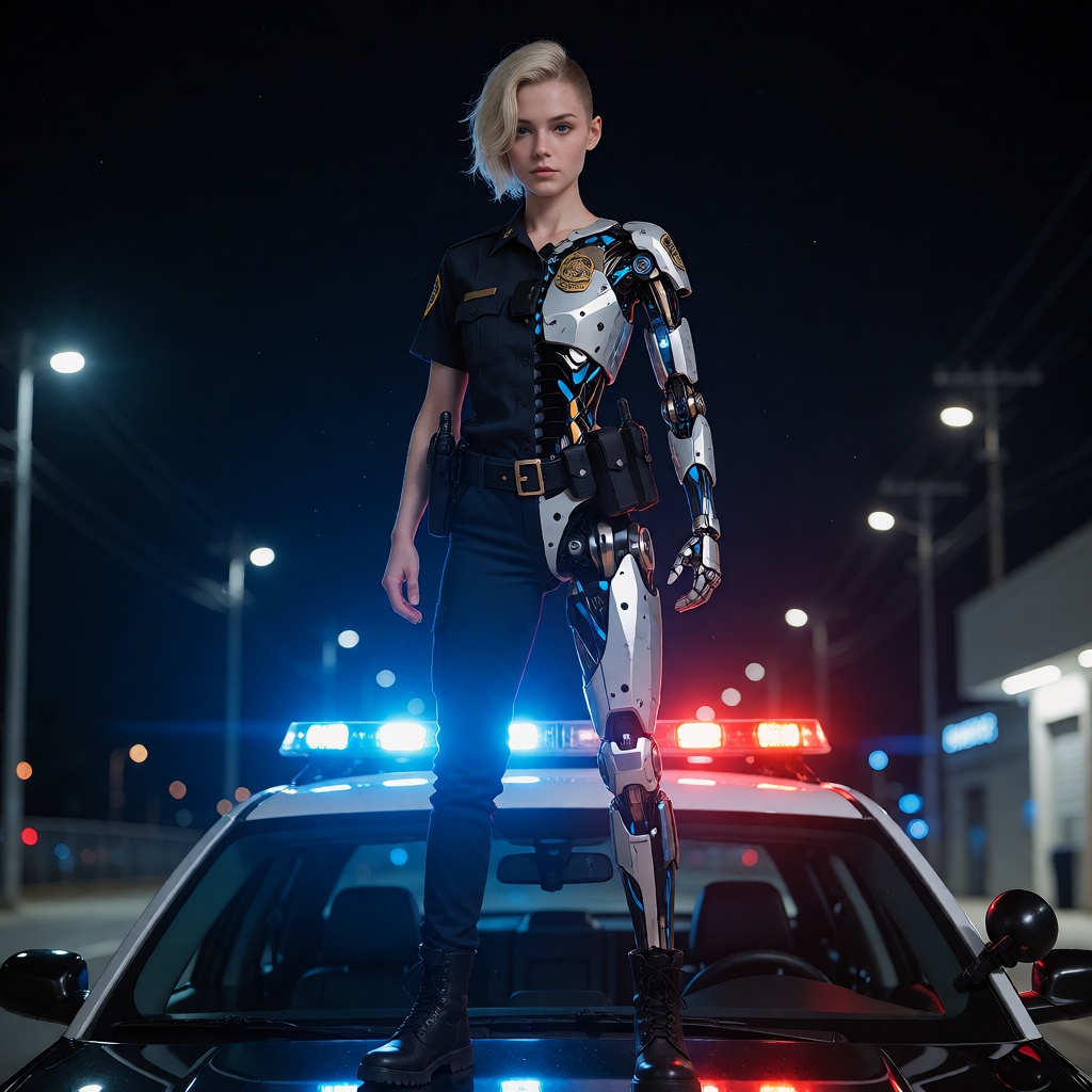 Cinematic movie still of a half human and half cyborg police officer standing on the top of her car,  the scene is at nigh...