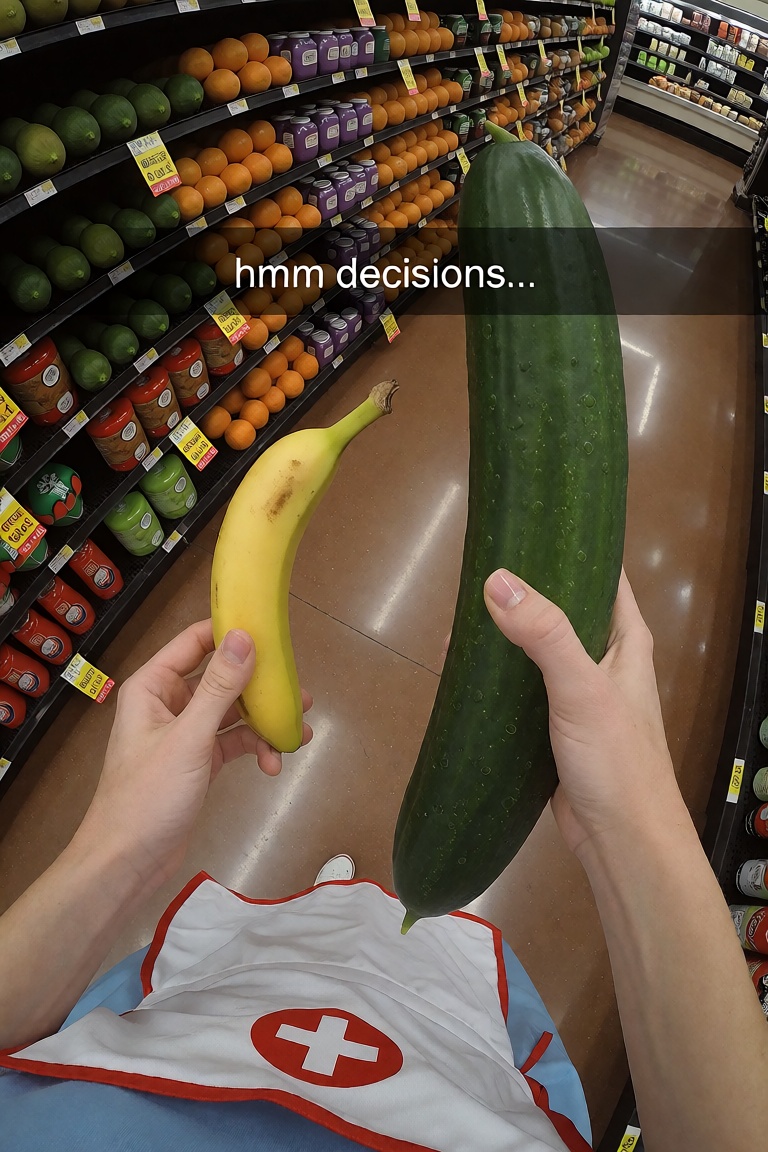 A gopro view of A female first person view wearing a nurse outfit on a grocery store,  holding a small thin banana with on...