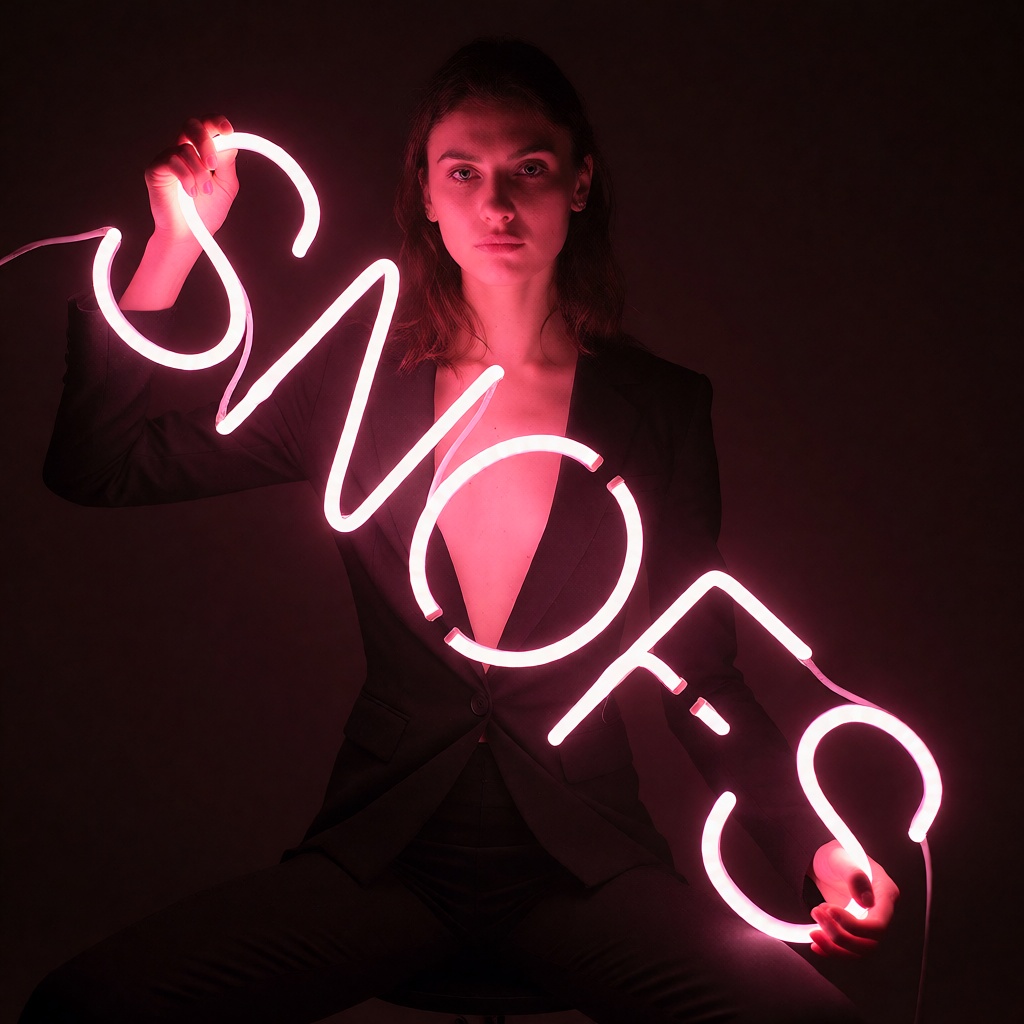 A portrait photograph of a woman wearing a very tight black suit,  sitting against a black background,  holding a brightly...