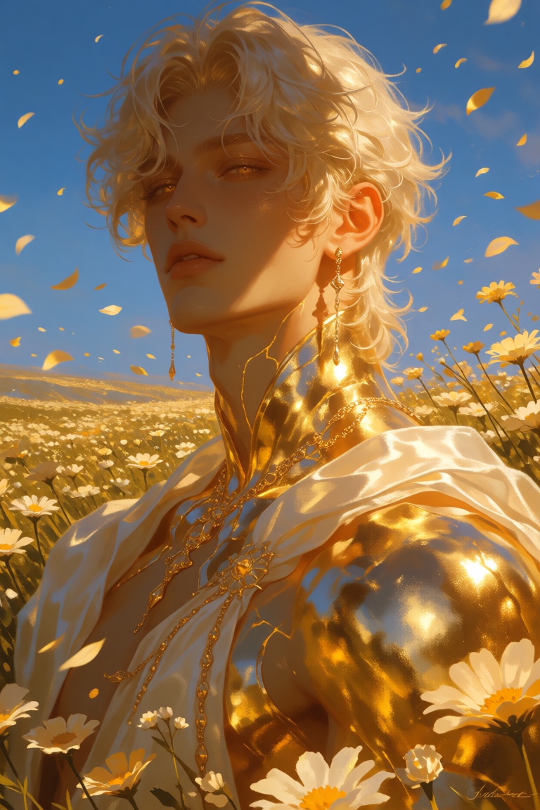 radiant young man with warm golden skin that shimmers like polished metal beneath the sunlight. Fine cracks of glowing amb...