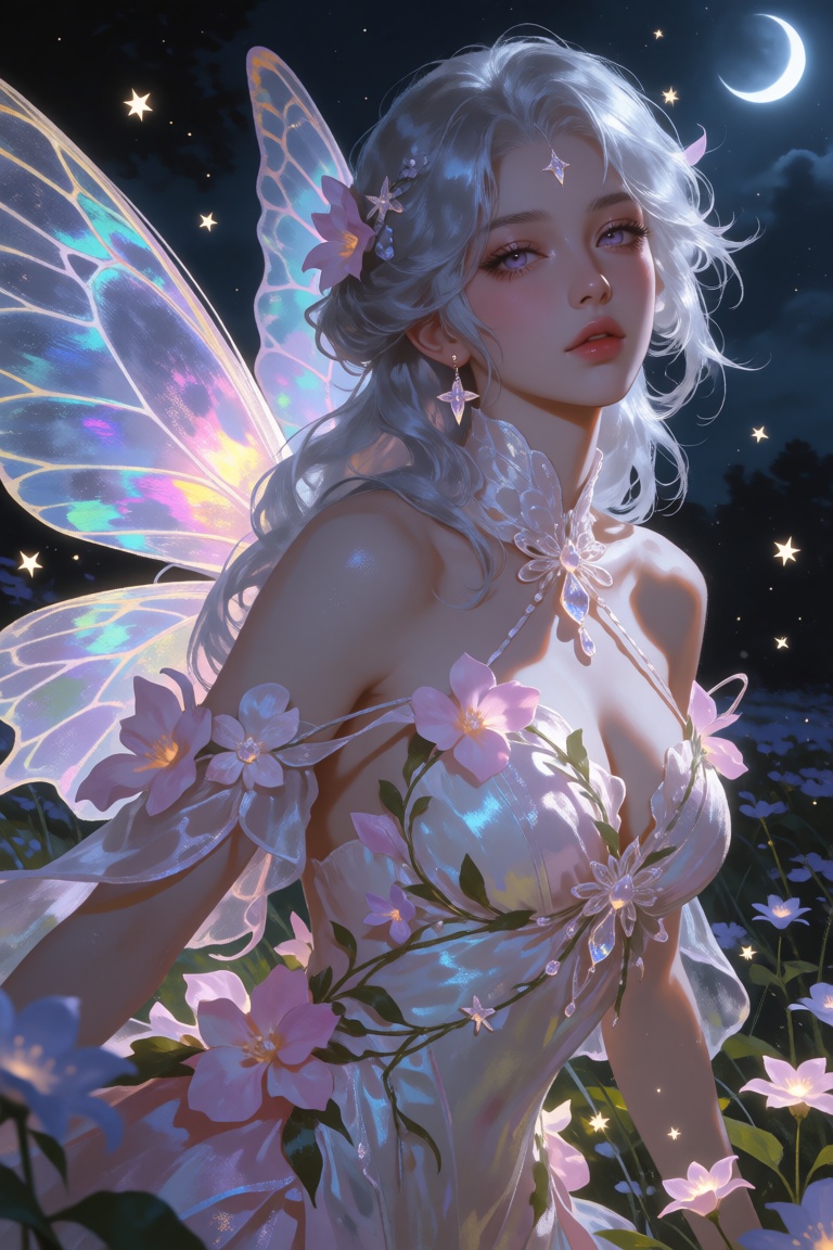 A delicate fairy with long moonlit silver hair,  soft lavender eyes,  and translucent butterfly wings shimmering with irid...