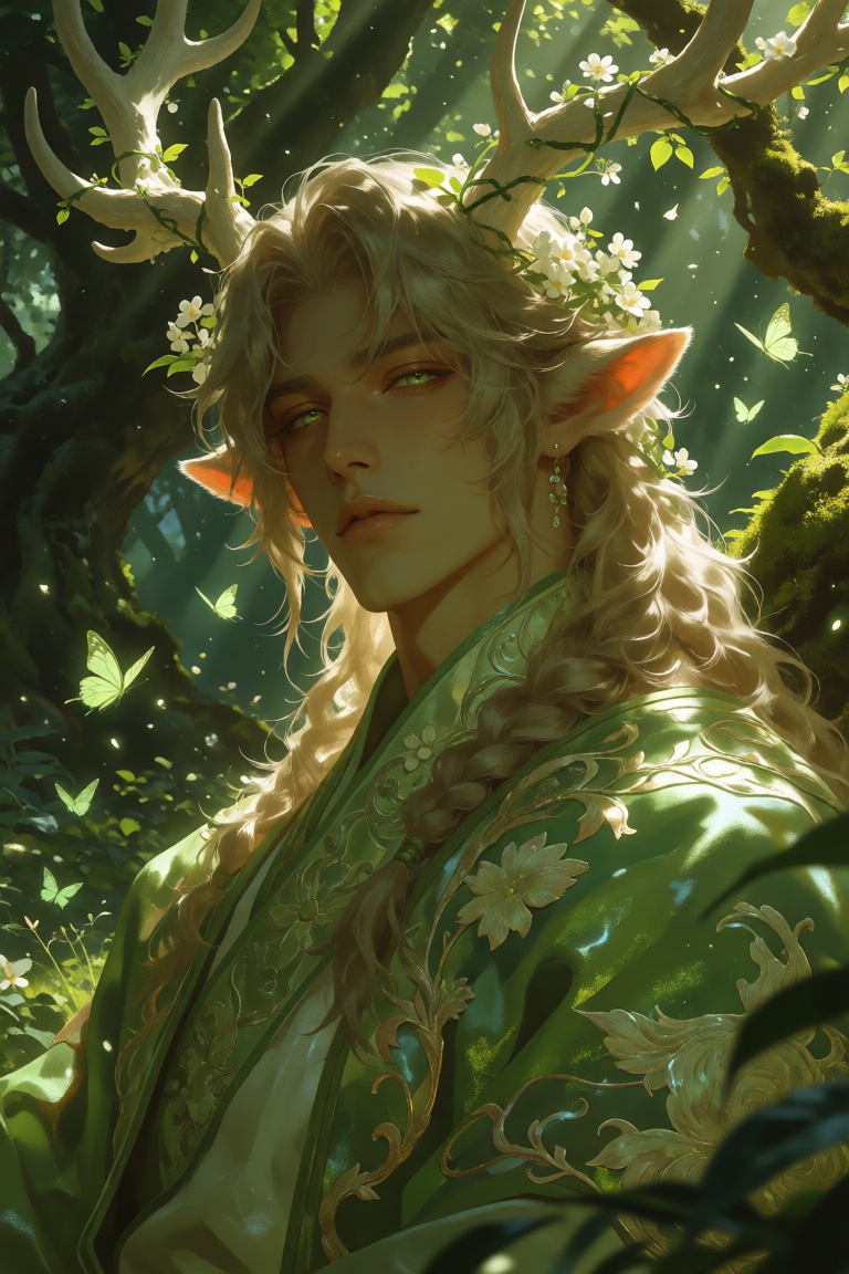 A handsome forest spirit with elegant white deer antlers wrapped in blooming vines and tiny flowers. His long ash-blond ha...