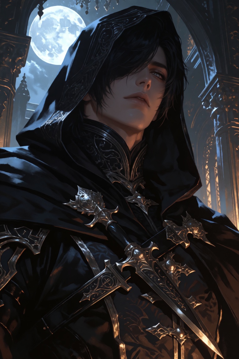 mysterious palace assassin with jet-black hair partially covering one eye,  sharp silver eyes,  and an elegant high-collar...