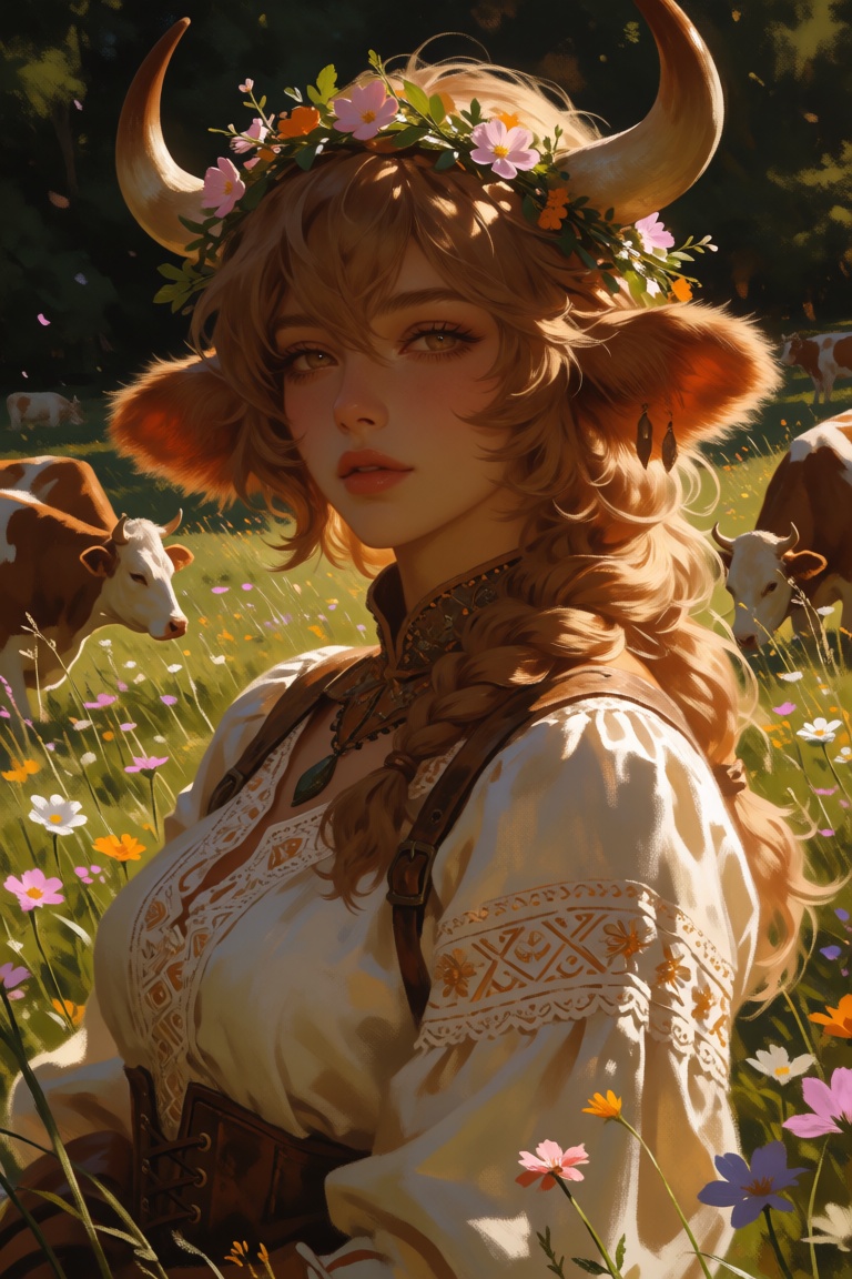 A gentle female demi-human with soft caramel-colored hair,  fluffy cow ears,  curved ivory horns on Tensor.Art