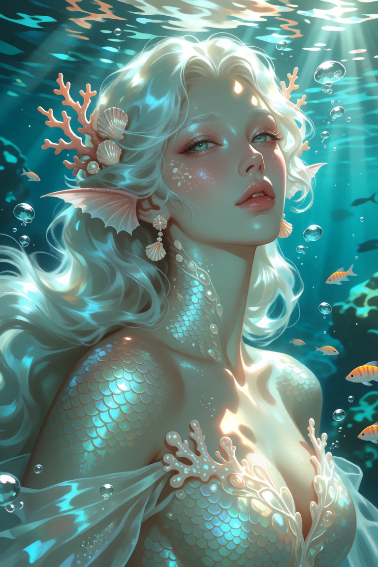 graceful mermaid with flowing pearl-white hair fading into soft aqua,  shimmering turquoise eyes,  and elegant pearlescent...