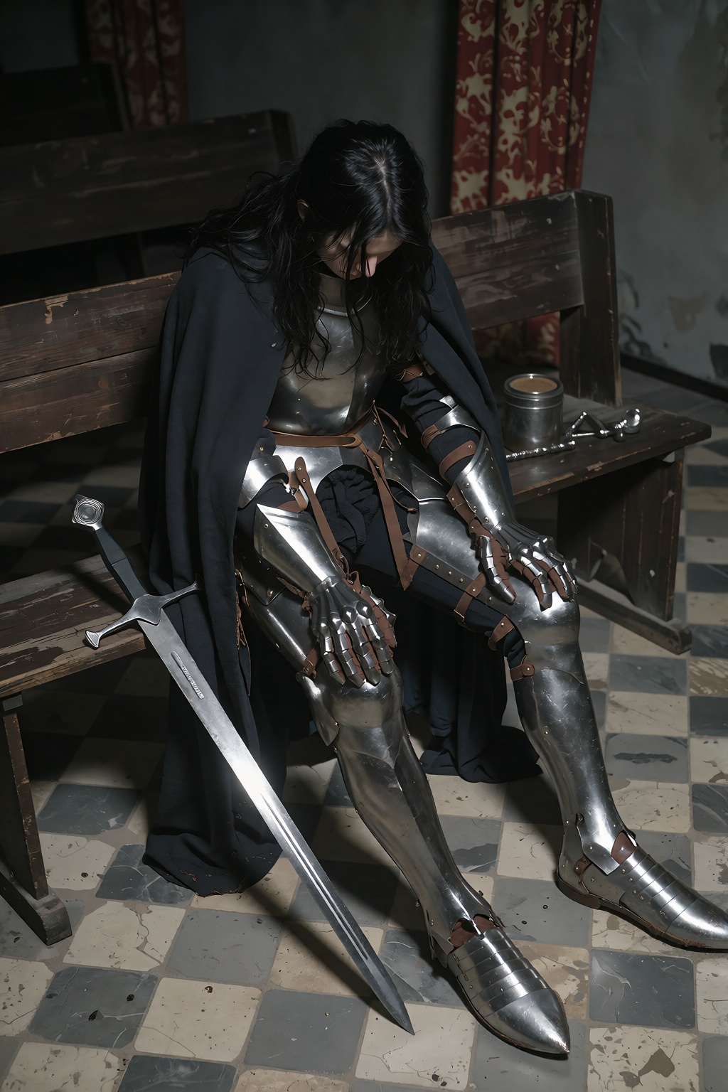 A figure in polished silver plate armor—covering legs,  arms,  and hands—sits slumped on a worn wooden bench on Tensor.Art