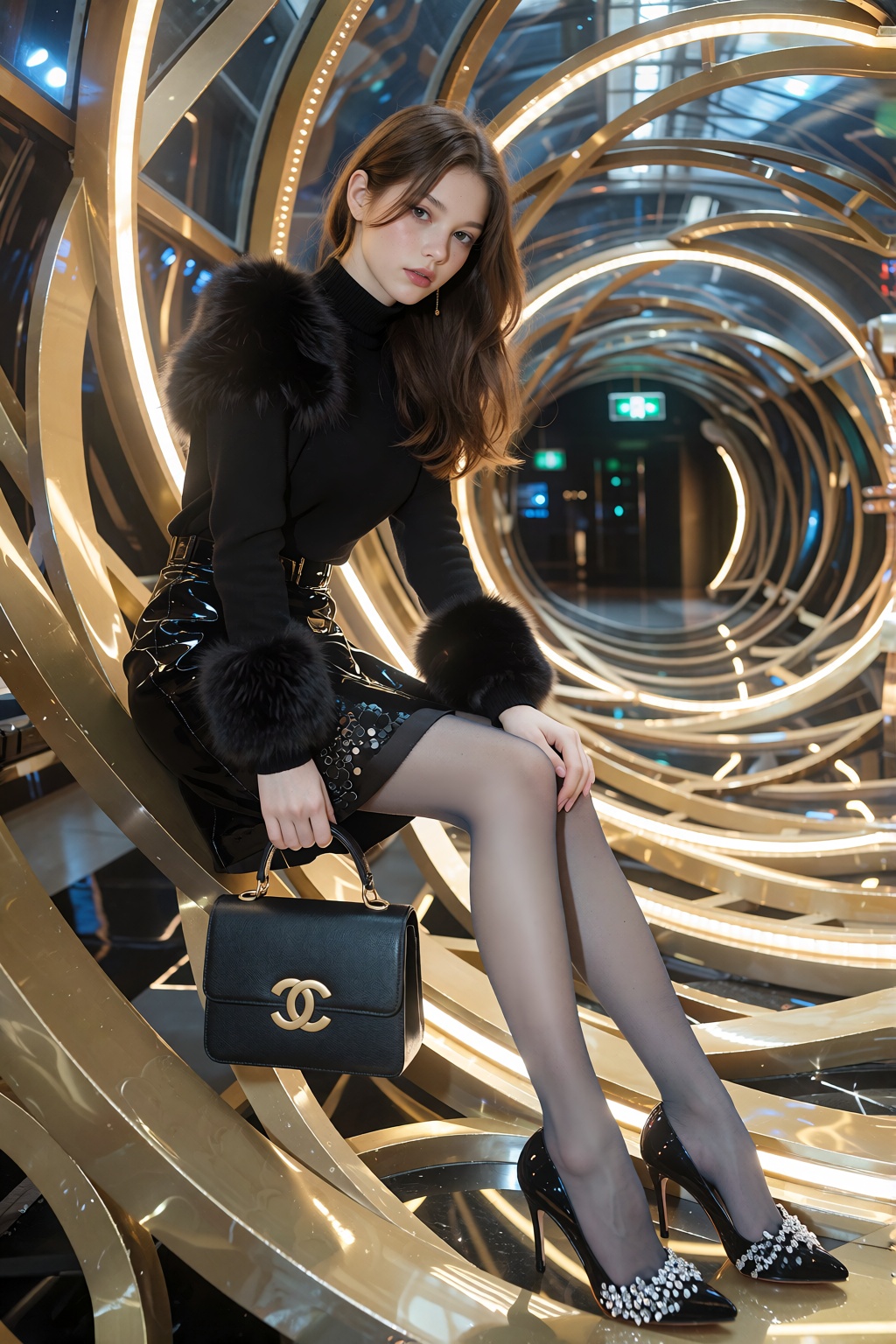 A young woman stands gracefully seated within a luminous golden spiral tunnel,  her brown hair flowing naturally around he...