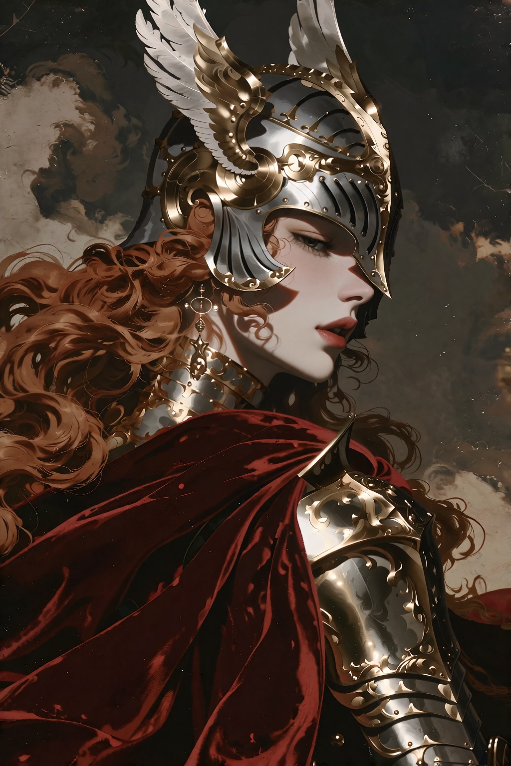 Malenia Blade of Miquella from Elden Ring,  profile portrait,  ornate silver valkyrie helmet with golden feathered wings s...