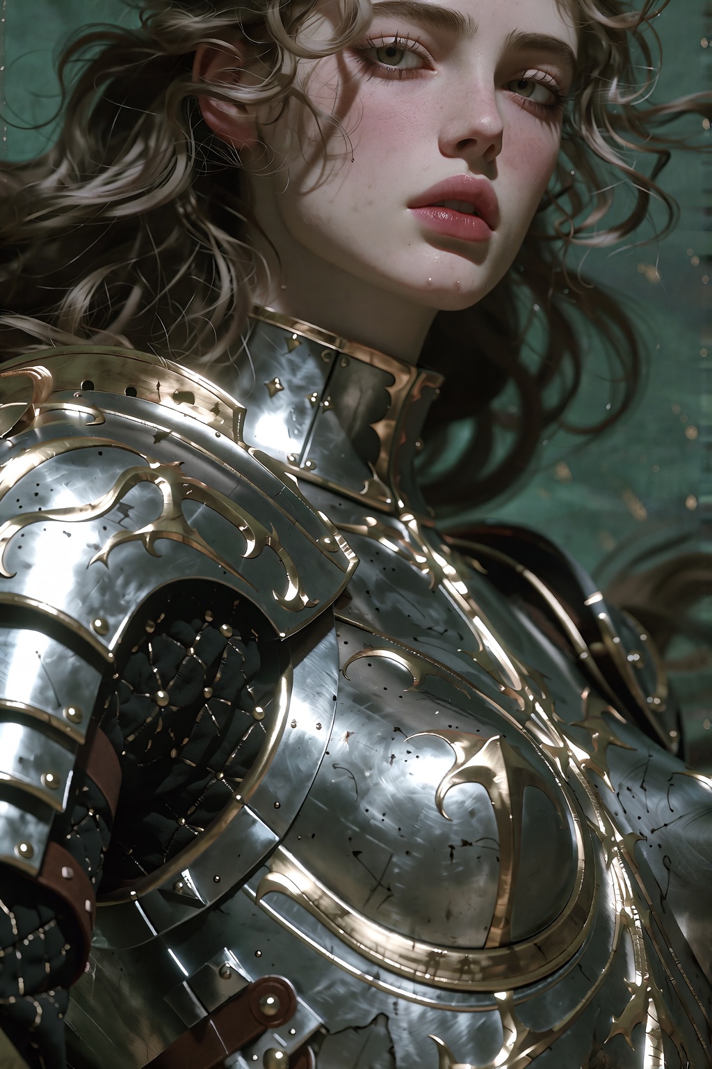 A hyper-detailed digital artwork captures a majestic young woman in exquisite armor,  her figure rendered with the gritty...