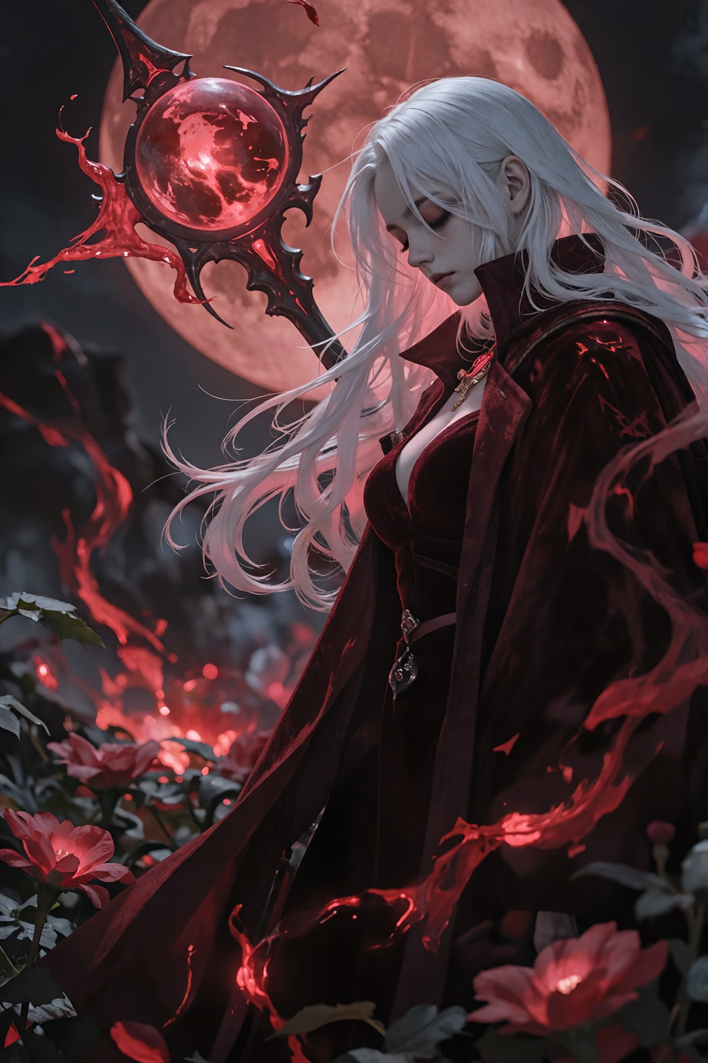 A masterful scene unfolds in the form of a side-profile portrait,  capturing a sorceress whose silhouette stands prominent...