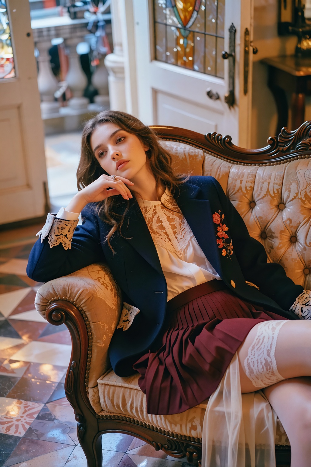A young woman leans back with a relaxed grace on a vintage ivory velvet sofa,  her body positioned in an elegant recline a...