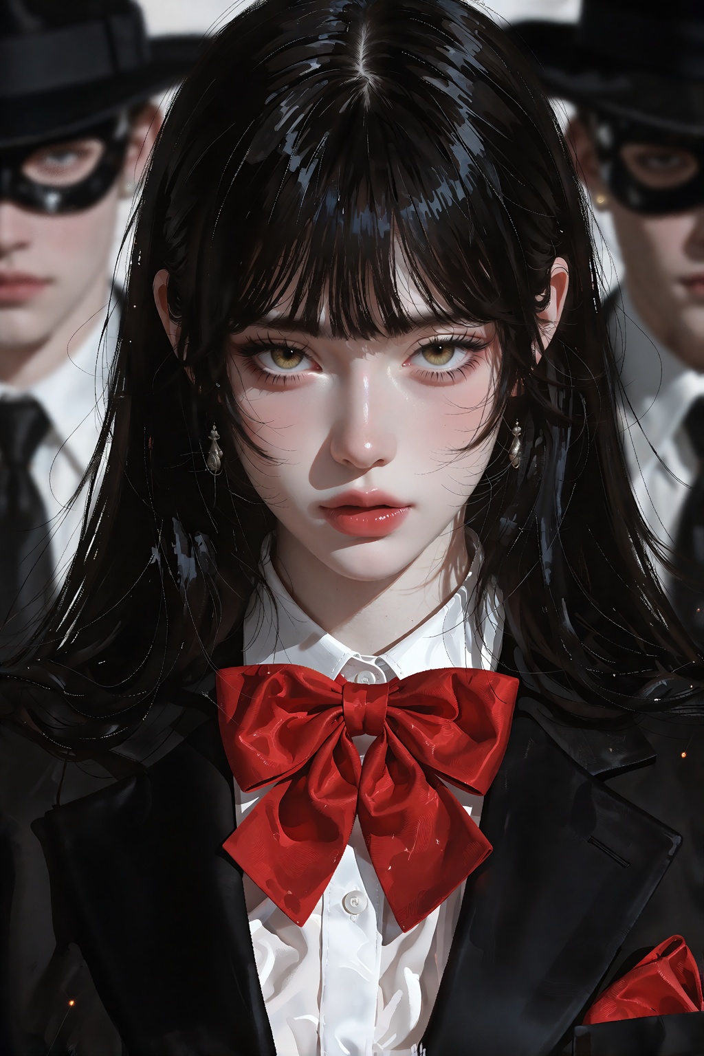 pale young woman with long straight black hair and blunt bangs,  intense gaze,  black blazer on Tensor.Art