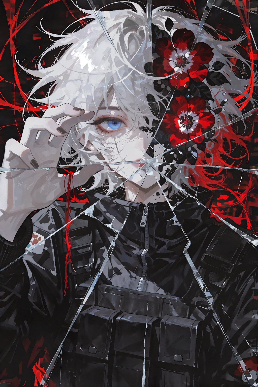 anime-style portrait of a figure with messy white hair and a black tactical jacket,  fragmented through a shattered glass...