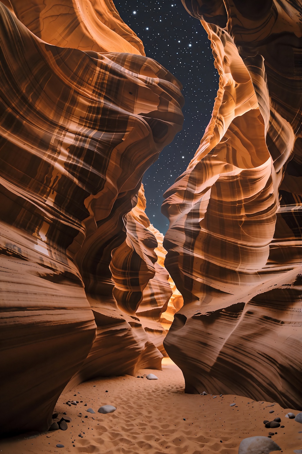 The scene is a High Definition RAW DSLR photograph capturing Antelope Canyon at night. The sinuous slot canyon walls,  mad...