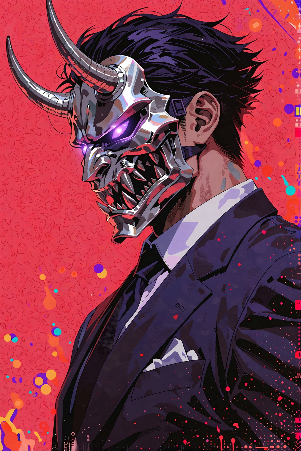 male figure in dark tailored suit and tie,  silver metallic oni half-mask with long black horns,  glowing purple eyes on T...
