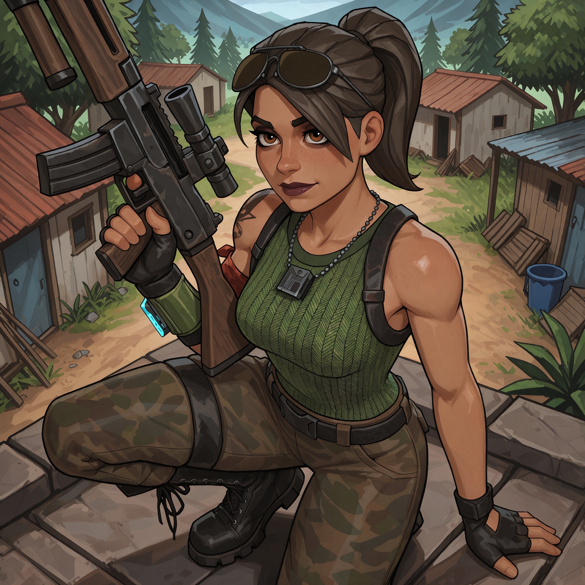 Vv.LXVIII - Acumen,  Vv.LXVIII - FN-Vintage_Ramirez,  she is crotching down with a snipper rifle in her hands on Tensor.Art