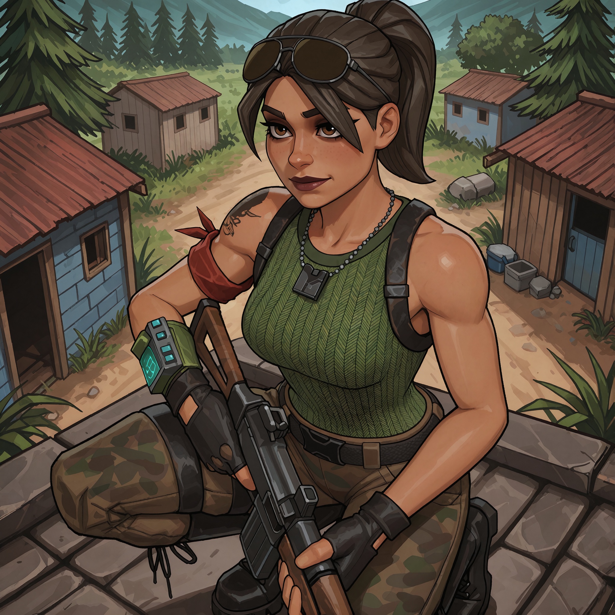 Vv.LXVIII - Acumen,  Vv.LXVIII - FN-Vintage_Ramirez,  she is crotching down with a snipper rifle in her hands on Tensor.Art