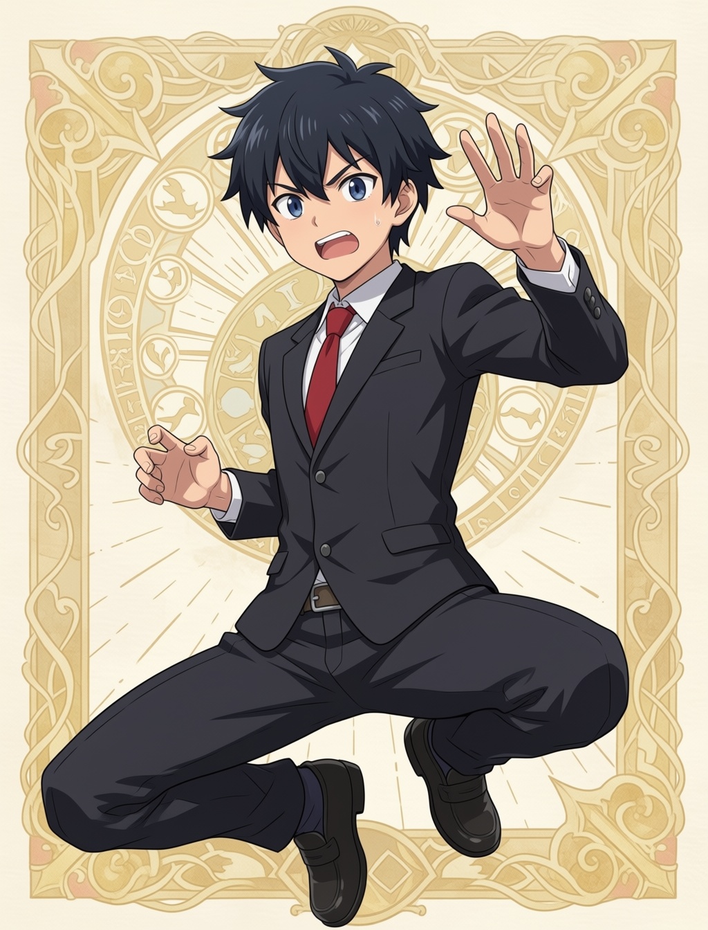 A full body image of a teenage boy with dynamic pose on detailed background in anime style. on Tensor.Art