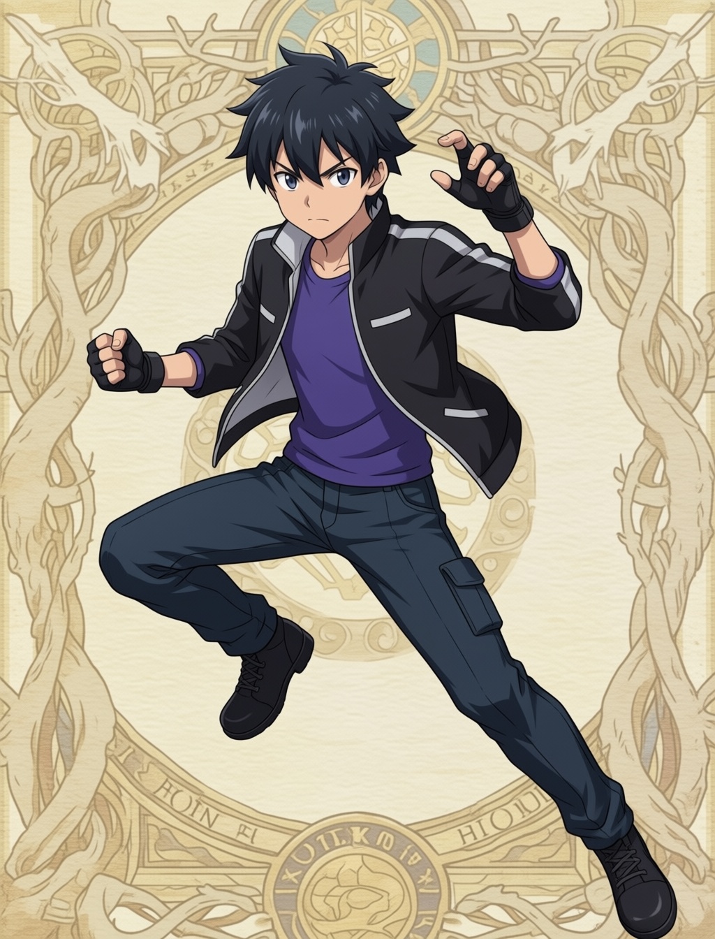 A full body image of a teenage boy with dynamic pose on detailed background in anime style. on Tensor.Art