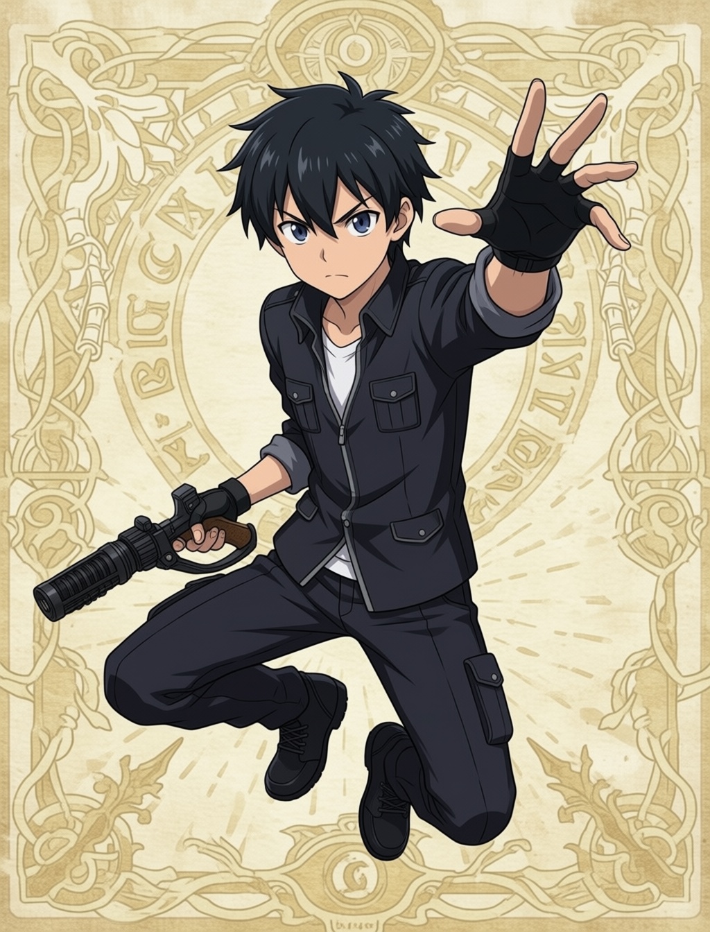 A full body image of a teenage boy with dynamic pose on detailed background in anime style. on Tensor.Art