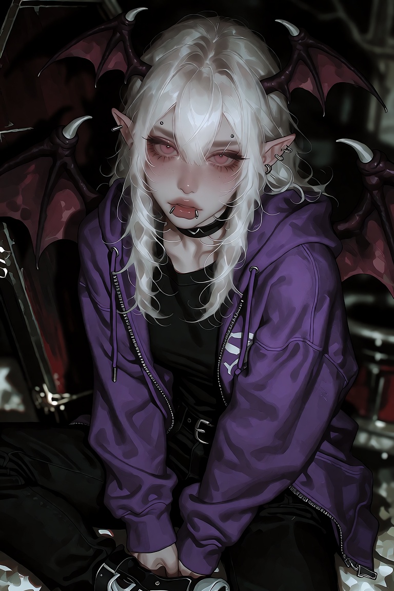 A half-body view of a 1girl with bat wings,  black nails,  ear piercing on Tensor.Art