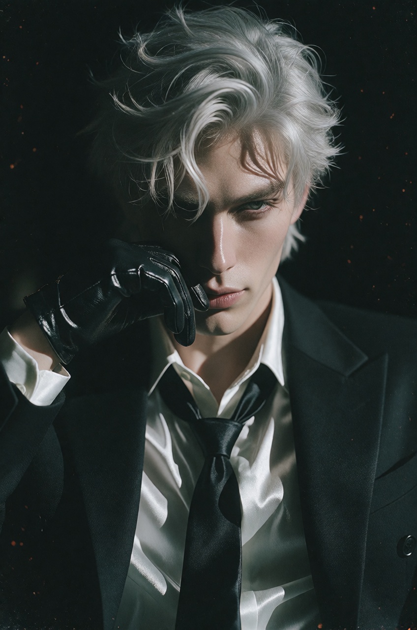 Exuding a cold,  aristocratic magnetism,  the silver-haired subject is captured in an extreme head close-up that magnifies...