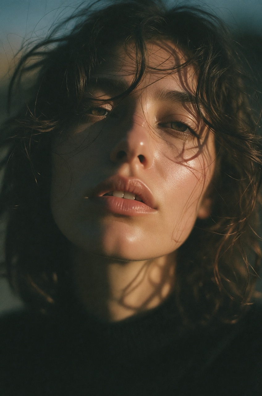 A woman with soft,  contemplative facial features and slightly parted lips tilts her head back,  gazing downward into the...